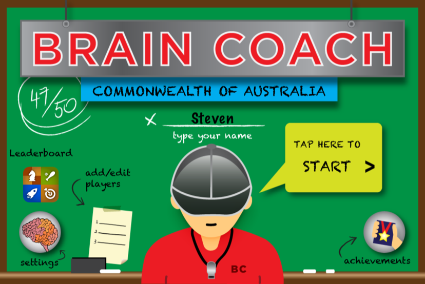 Brain Coach Australia main menu on iPhone: the coach at the chalkboard