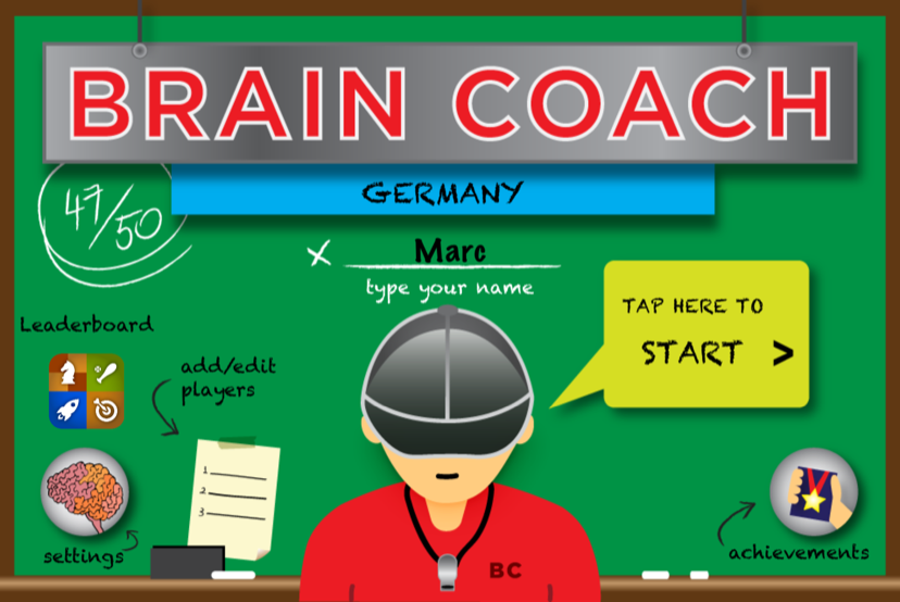 Brain Coach Germany main menu on iPhone: the coach at the chalkboard