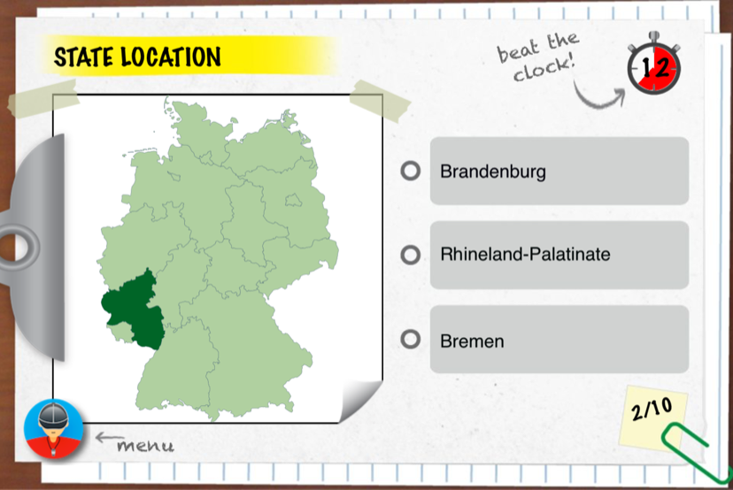 Game Challenge question: find the German state on the map before the timer runs out