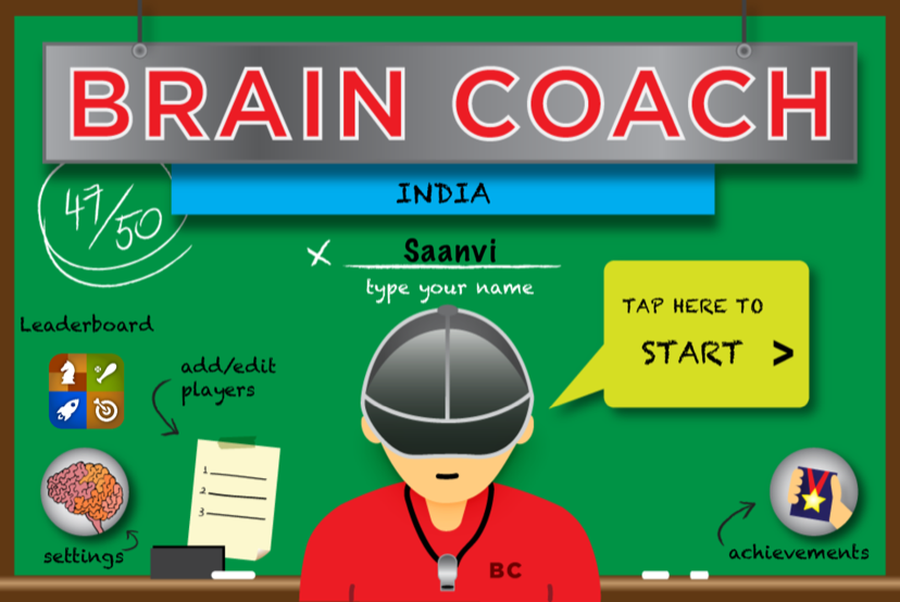 Brain Coach India main menu on iPhone: the coach at the chalkboard