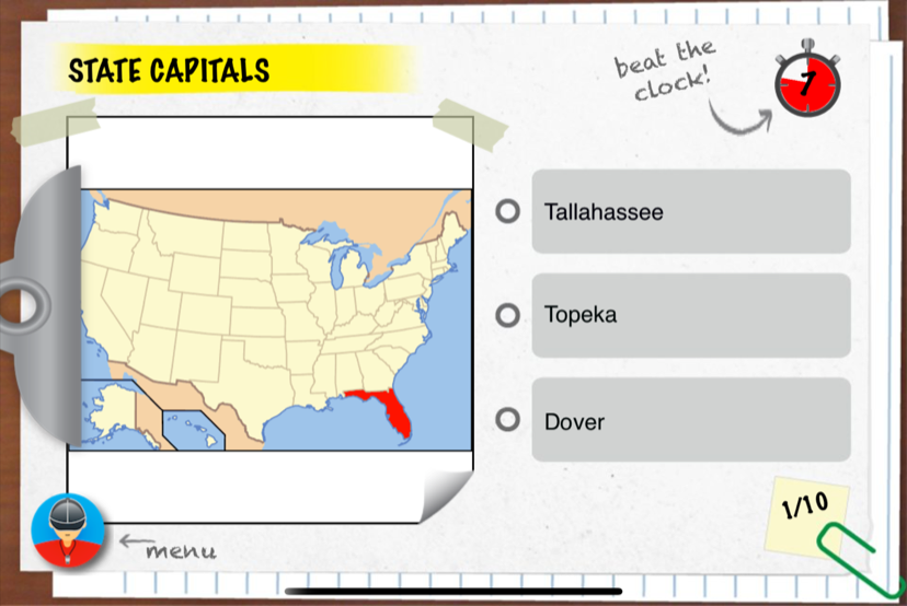 Game Challenge question: find the state capital on the map, beat the clock