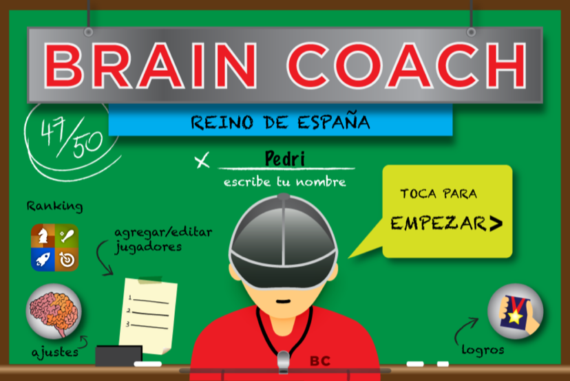 Menú principal de Brain Coach España en iPhone: el coach frente a la pizarra