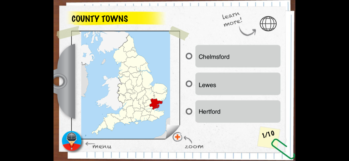 Learn mode: study each county with pictures